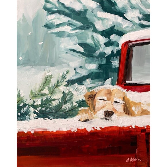 Original Oil Painting Landscape Christmas Golden Retriever Red Truck 8x10 Signed - Picture 1 of 6